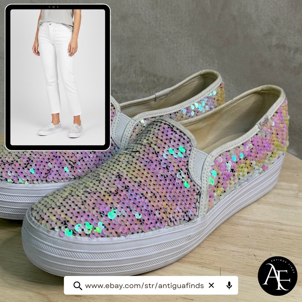 Keds Triple Decker Sequin Slip On Platform Sneakers Iridescent WF60405 Women 8.5